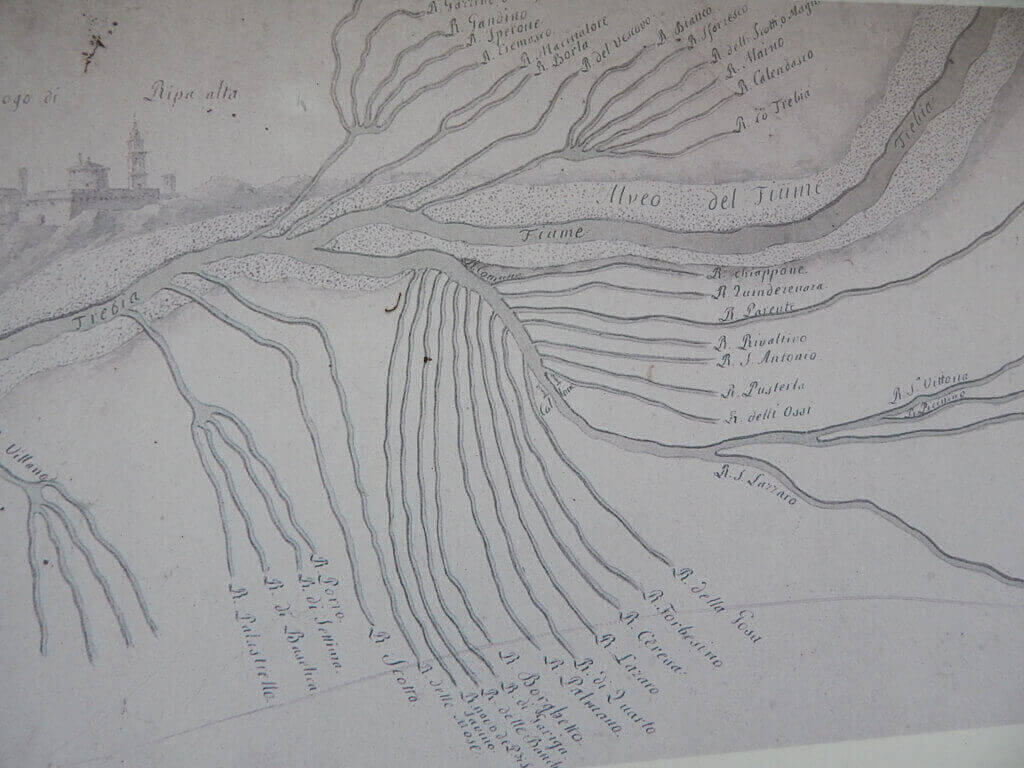 Il Trebbia e i rivi derivati di destra e di sinistra da Rivalta a Piacenza con rappresentazione prospettica del Castello di Rivalta (sec. XVIII)